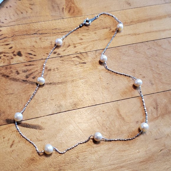 15" Choker Silver Tone Faux Pearl Bead Necklace
